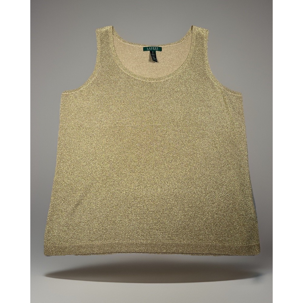 Ralph Lauren Tank Top Women 2X Gold Shimmer Silk Green Label Collection Metallic